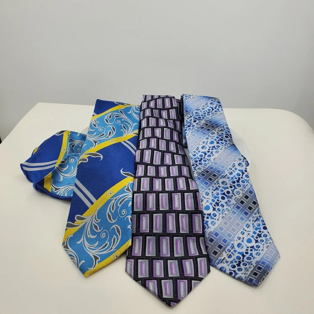 Stafford Stacy Adams‎ Rossi Man Necktie Lot 3 Ties 1 Pocket Square Blue Purple